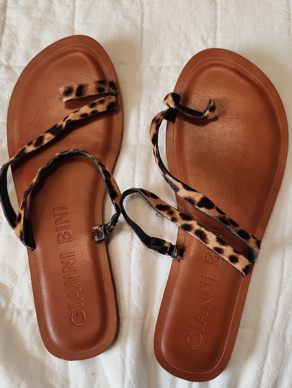 Gianni Bini Brown Leather Sandals with Leopard-Print Straps